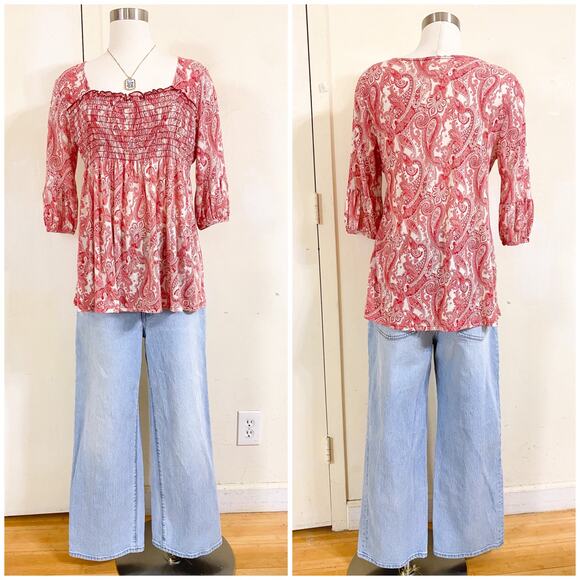 Vintage Babydoll Top Blouse Smocked Half Sleeve Paisley Womens Large Boho Y2K - Picture 2 of 7